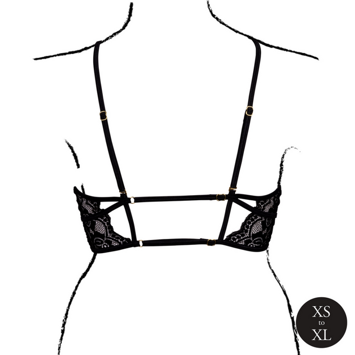 Open Cup Triangle Bra with Lace and Adjustable Sliders - One Size - Black