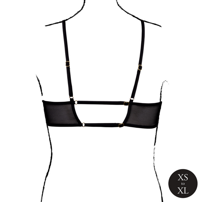 Keyhole Mesh Bra with Double Back Straps and Adjustable Sliders - One Size - Black