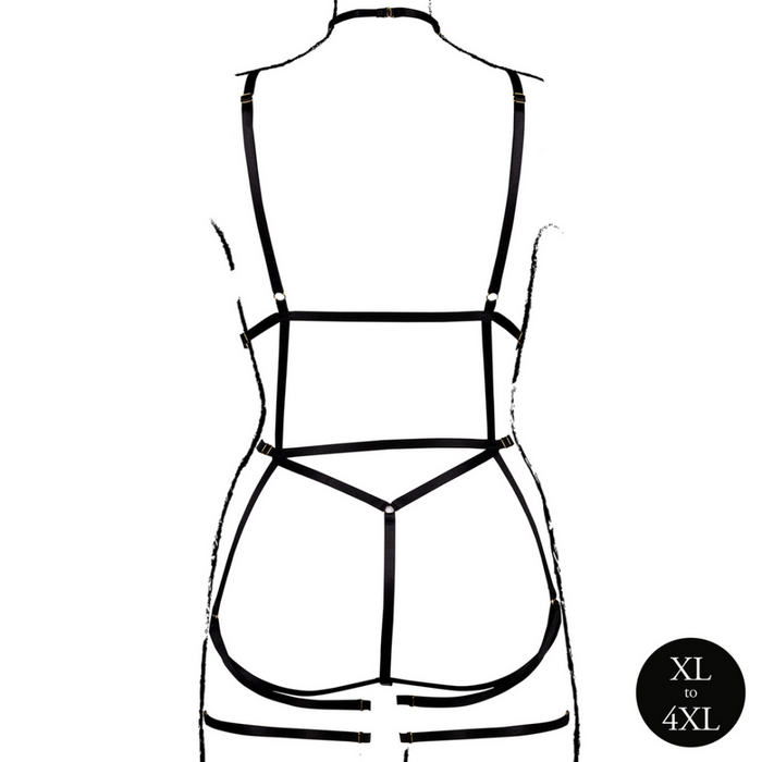 Strappy Open Cup Body Harness with Garters - Plus Size - Black