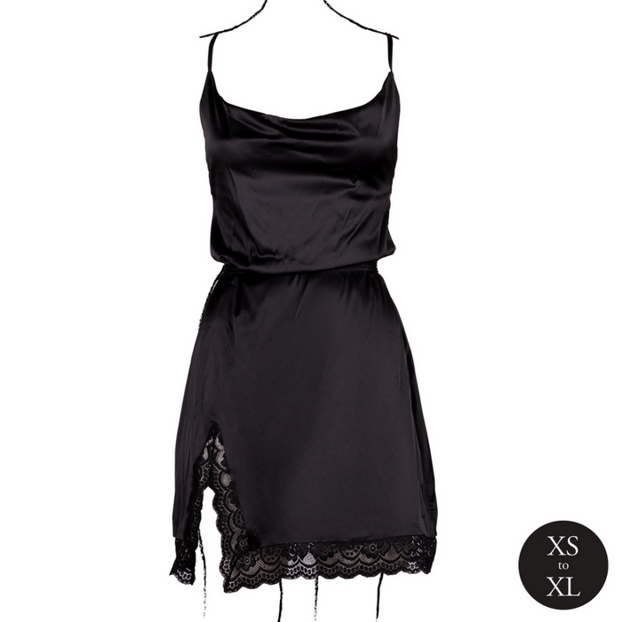 Open Back Silk Dress with Criss Cross Details and Slit - One Size - Black