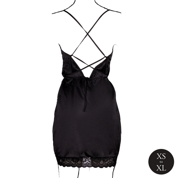 Open Back Silk Dress with Criss Cross Details and Slit - One Size - Black