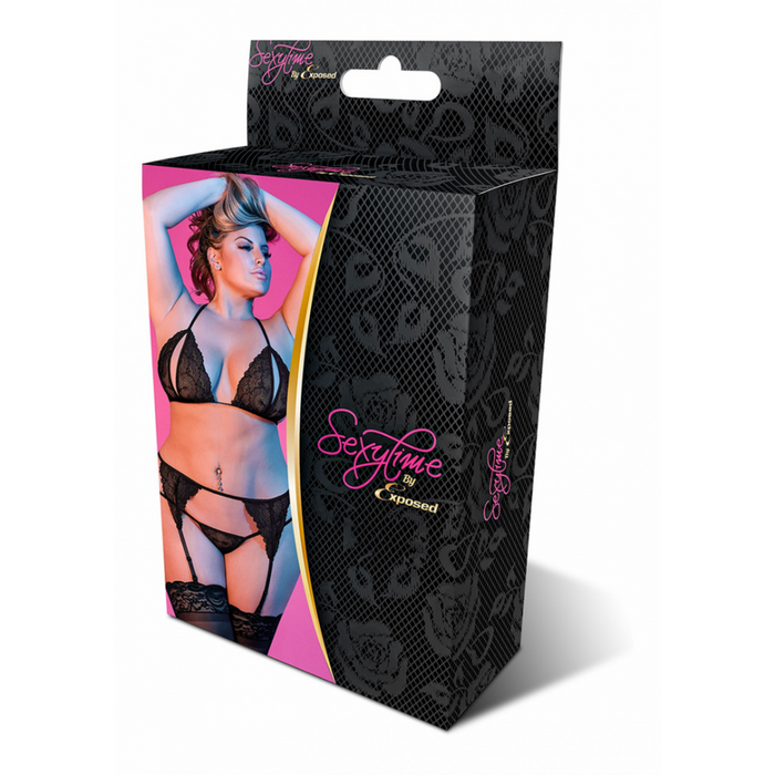 Peek-a-Boo BH, Garter en G-String Set - 2X - Zwart