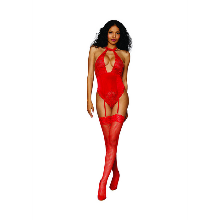 Women's Stretch Lace and Stretch Velvet Garter Teddy - One Size - Red