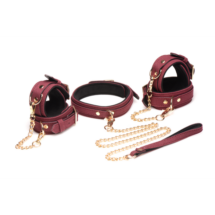 6-delige Velvet Burgundy Bondage Set met Cuffs, Collar en Belt