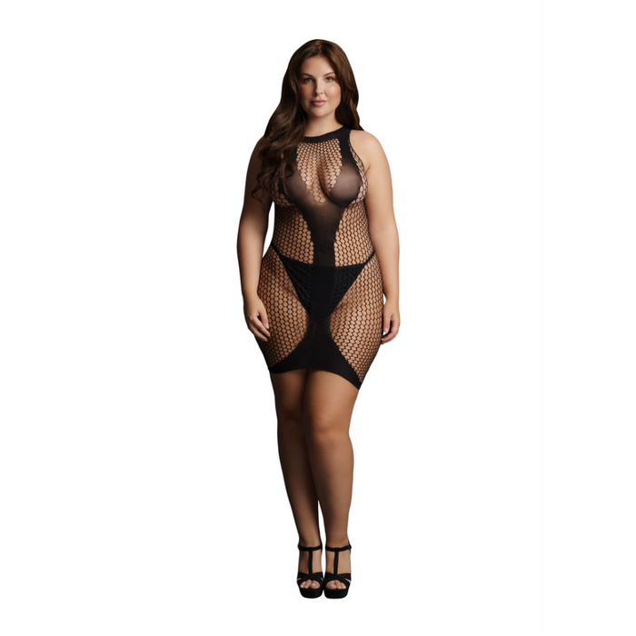 High Neck Net Contrast Mini Dress - Plus Size