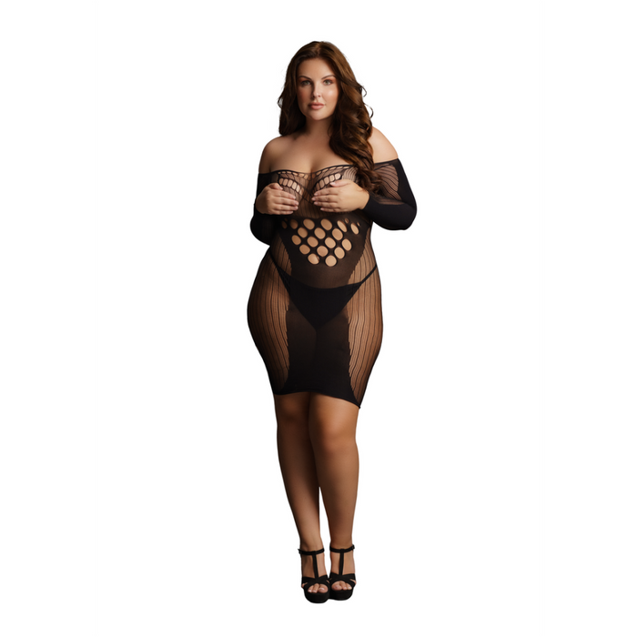 Contrast Net Long Sleeved Mini Dress - Plus Size