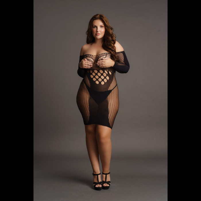 Contrast Net Long Sleeved Mini Dress - Plus Size