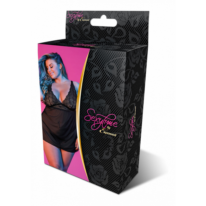 Babydoll with Open Back and G-String Set - 2X - Black