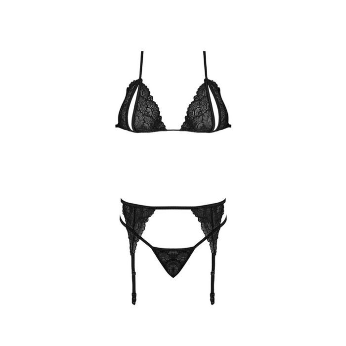 Peek-a-Boo Bra, Garter and G-String Set - 2X - Black