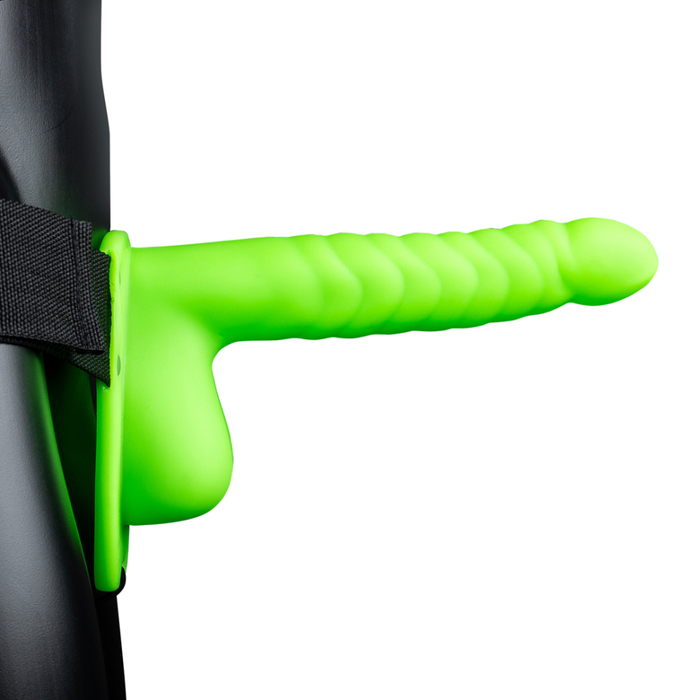 Glow in the Dark Ribbed Hollow Strap-On with Balls - 8 / 21 cm - Neon Green