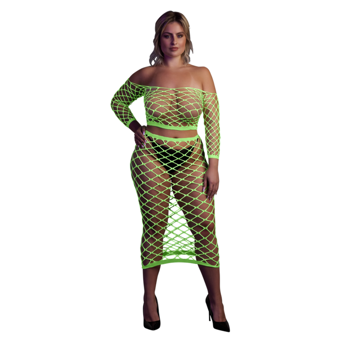 Long Sleeve Crop Top and Long Skirt - Plus Size - Neon Green