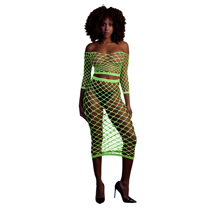 Long Sleeve Crop Top and Long Skirt - One Size - Neon Green