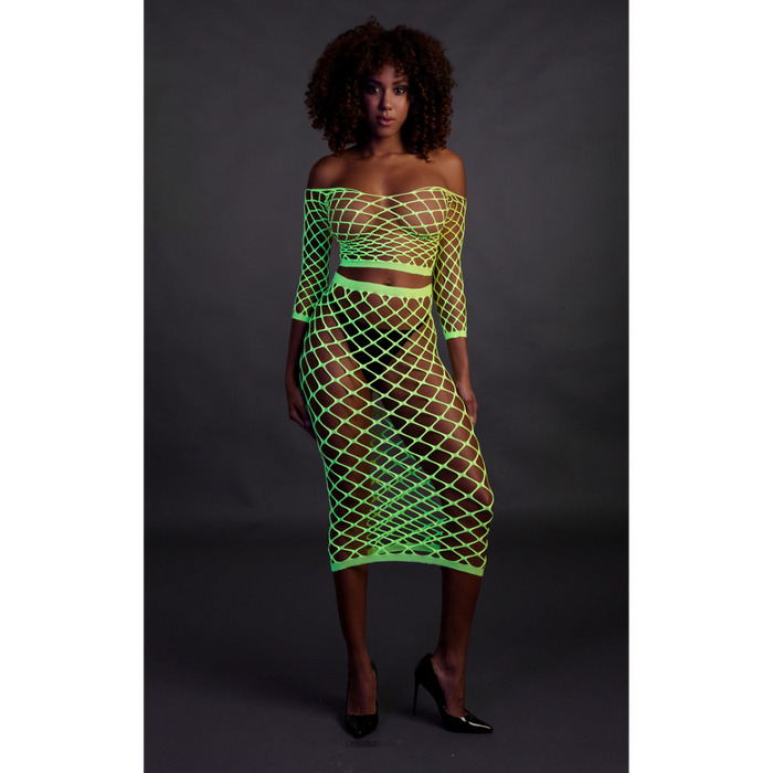 Long Sleeve Crop Top and Long Skirt - One Size - Neon Green