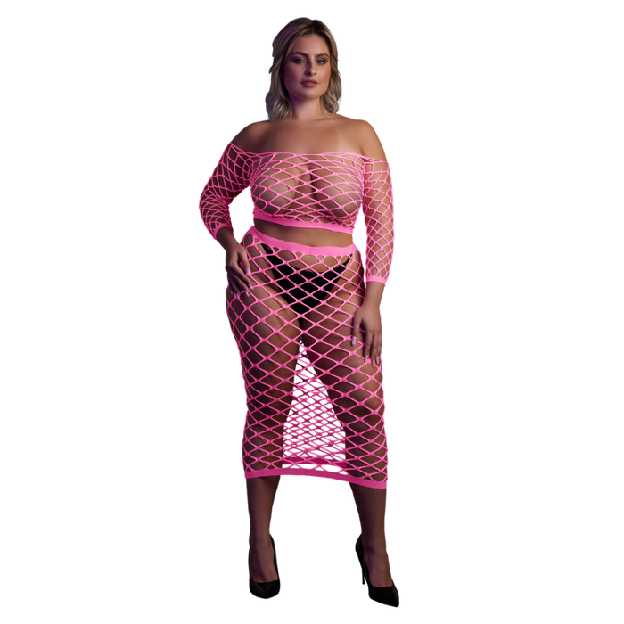 Long Sleeve Crop Top and Long Skirt - Plus Size - Neon Pink