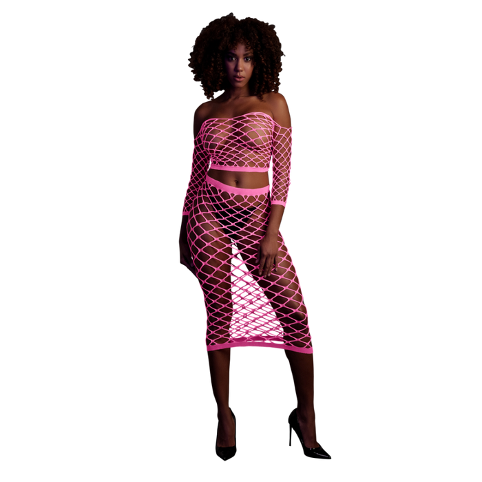 Long Sleeve Crop Top and Long Skirt - One Size - Neon Pink