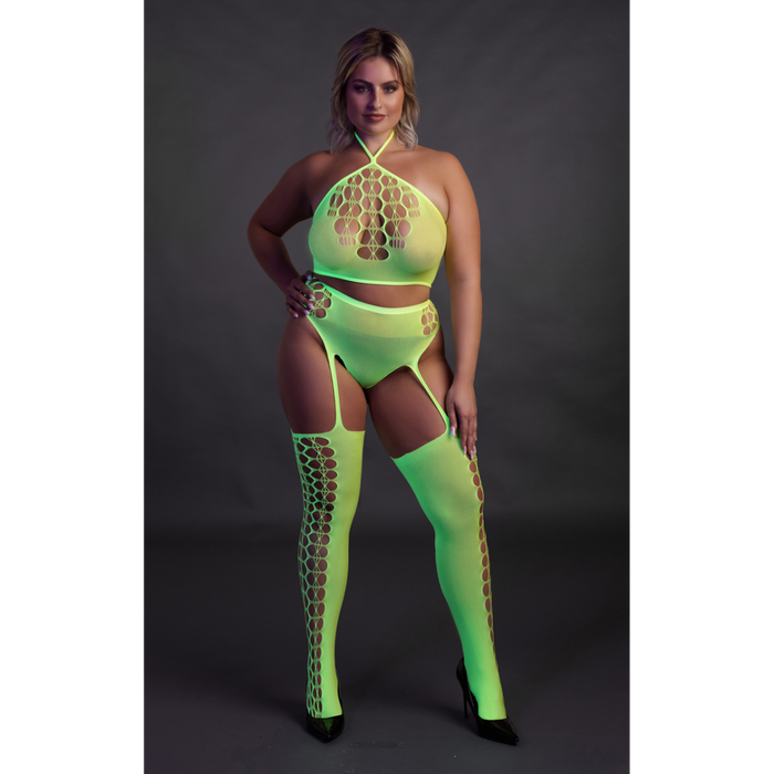 Two Piece with Crop Top and Stockings - Plus Size - Neon Green