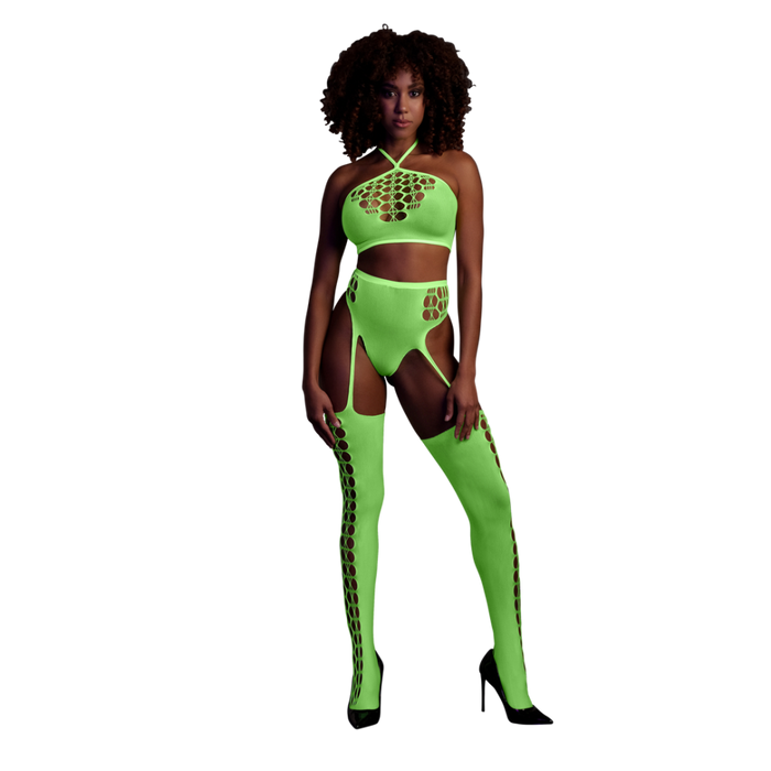 Two Piece with Crop Top and Stockings - One Size - Neon Green