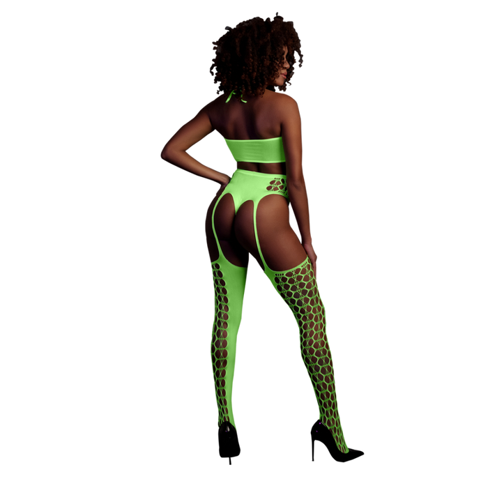 Two Piece with Crop Top and Stockings - One Size - Neon Green