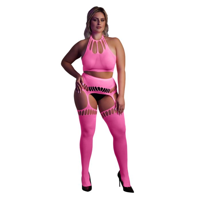 Two Piece with Crop Top and Stockings - Plus Size - Neon Pink