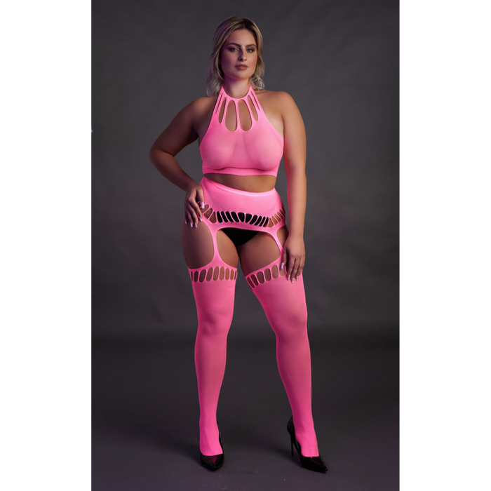 Two Piece with Crop Top and Stockings - Plus Size - Neon Pink