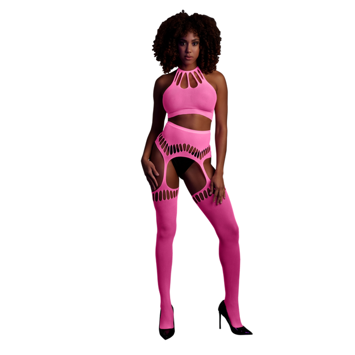 Two Piece with Crop Top and Stockings - One Size - Neon Pink