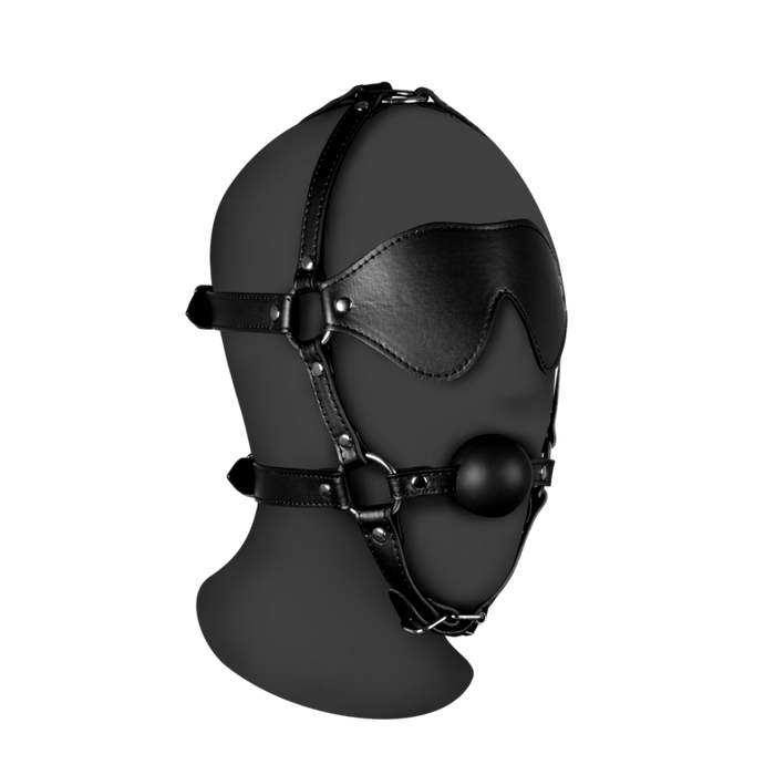 Blindfolded Head Harness met Solid Ball Gag - Zwart