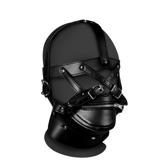 Head Harness with Zip-up Mouth and Lock - Black